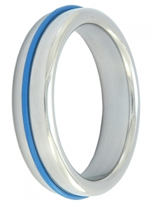 Stainless Steel Slim Cock Ring With Blue Band 55 mm.